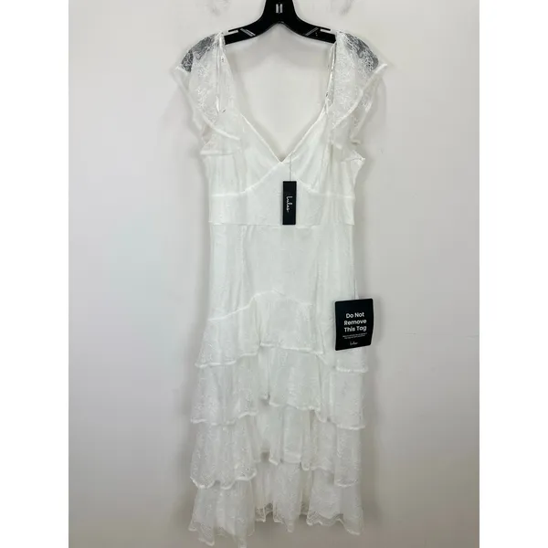 Lulus Graceful Darling White Lace Flutter Sleeve Tiered Midi Dress XL NWT - Image 5