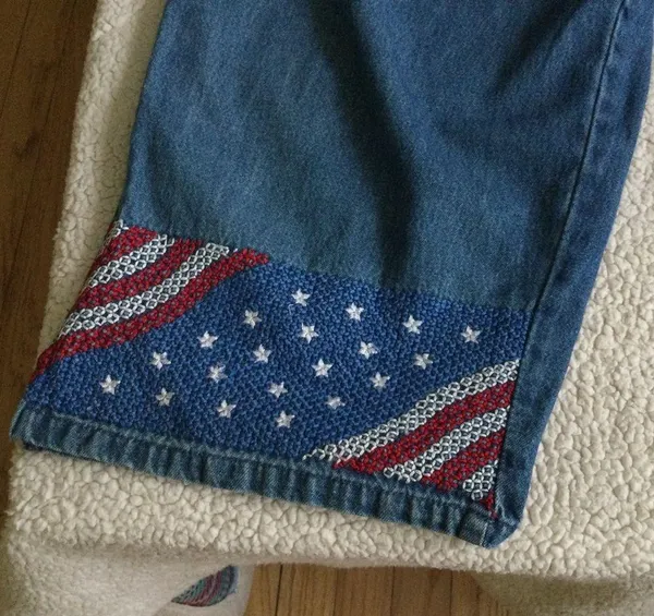 Vintage 90s Agapo Bib Capri Overalls Embroidered Flag - Sz Medium - Image 2
