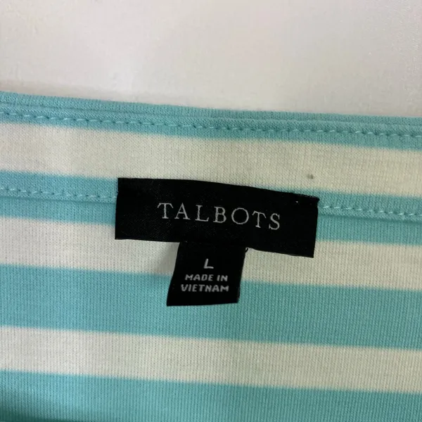 Talbots Aqua White Stripe 3/4 Sleeve Top Button Detail 100% Cotton Womens Large - Image 3