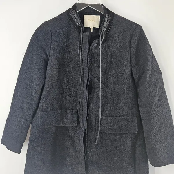 Maje Gretelle‎ Leather Trim Jacquard Knit Longline Coat Parisian Car Coat Sz 36 - Image 9