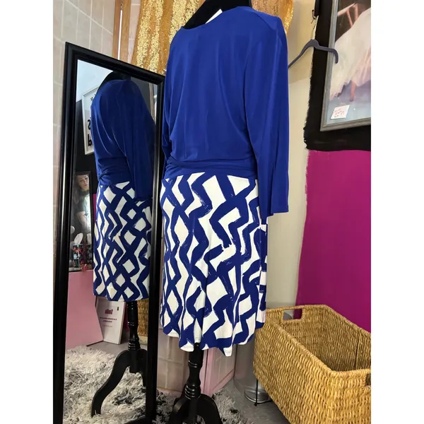 Leota‎ Faux Wrap Dress XXL Blue Zig Zag Navy Crepe V-Neck 3/4 Sleeve NWT 2515 - Image 7
