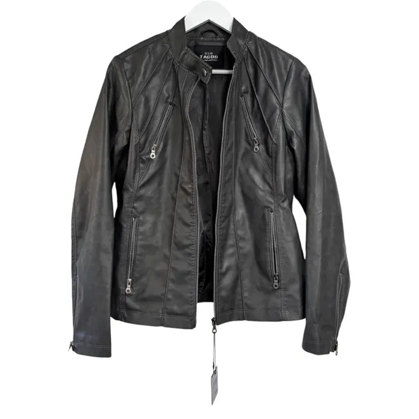 Tagoo Vegan Faux Leather Gray Biker Moto Zip Up Grunge Jacket NWT Large - Image 7