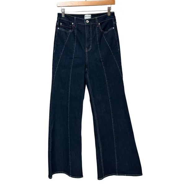 Frayed Jeans Womens High Rise Wide Leg Seam Front Contrast Stitch Indigo Blue 6 - Image 3