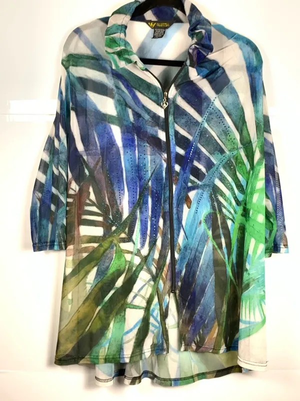 Valentina Womens XL Mesh Jacket Blue Green Tropical Print Sheer Lightweight - Image 2