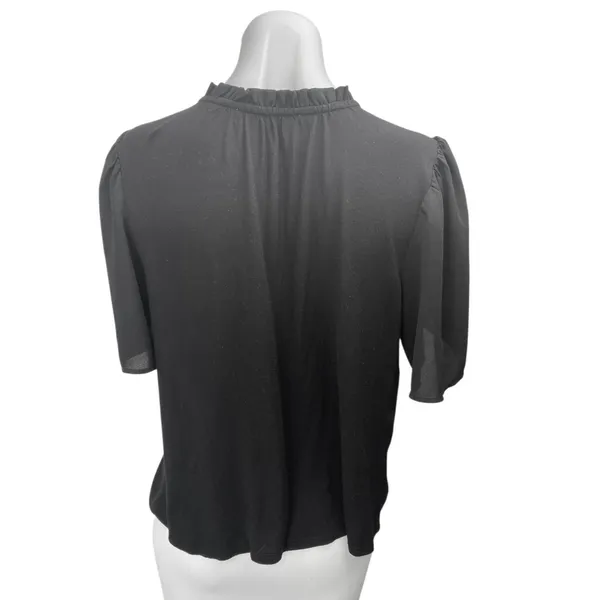 Ann Taylor LOFT Women's Black Ruffle Tie Neck Short Puff Sleeve Blouse Top Sz S - Image 2