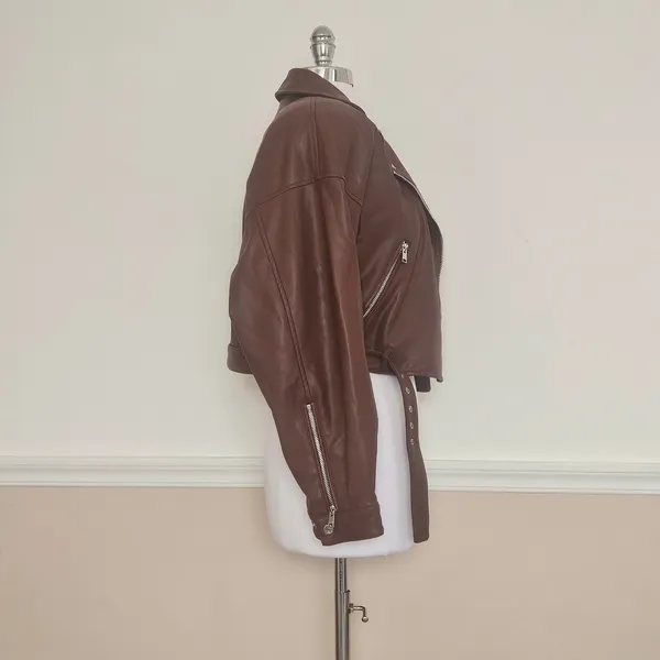 Lamarque Women's Mahogany Brown Dani Moto Jacket Large Cropped Belted Fall - Image 4