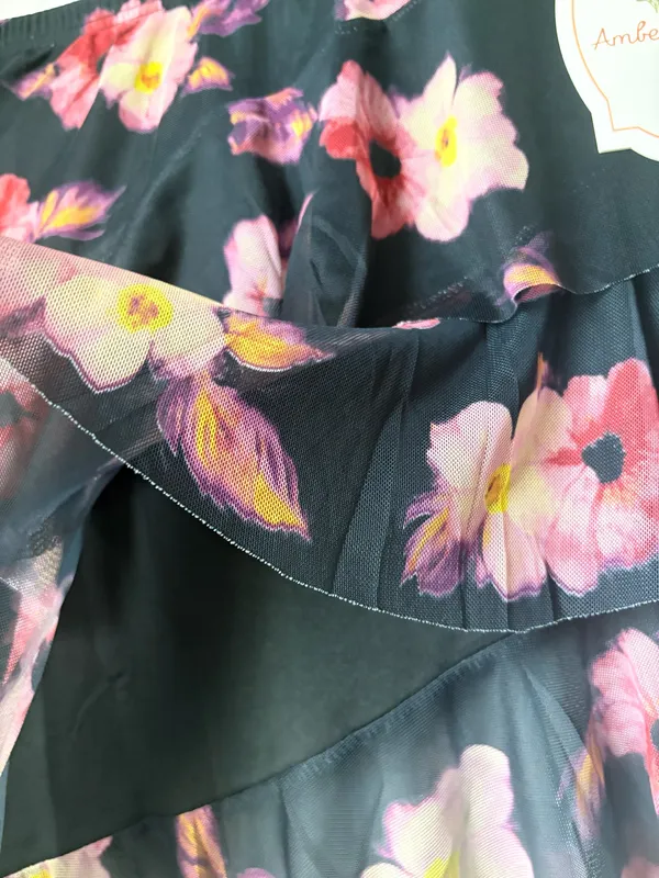 Amber Sky S Black Floral Mesh Ruffle Asymmetrical Skirt NWT - Image 4