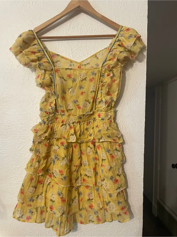 LoveShackFancy Phyllis Yellow Floral Ruffle Tiered Mini Dress Size XS - Image 4