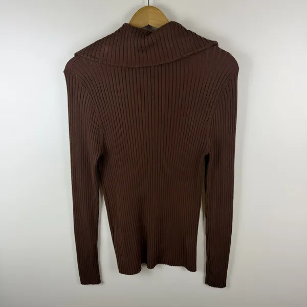 Maeve Anthropologie Brown Ribbed Fitted Half Zip Sweater Large Minimalist Layers - Image 4
