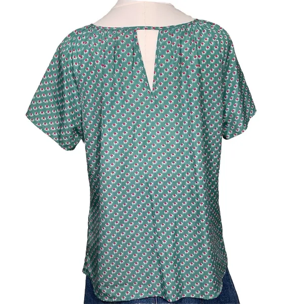 Tulle Elephant Print Blouse Women Small‎ Teal Green Tie Neck Shoulder Cutout Top - Image 4