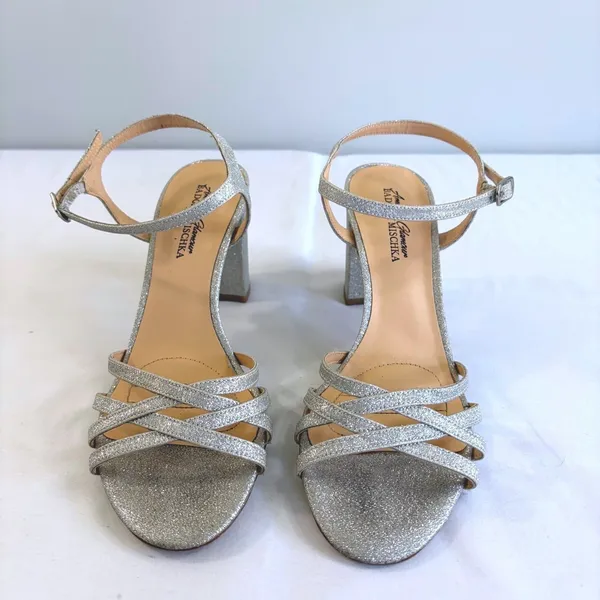 American Glamour Badgley Mischka Silver Glitter Block Heel Sandals Womens 6‎ - Image 2