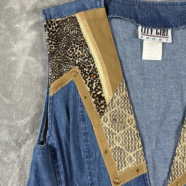 VTG Denim Animal Print Retro Womens Vest Patchwork 12 Large 80's Hippie Festival - Image 3