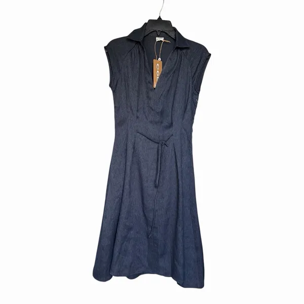 OGL Denim Look Midi Dress Collared Tie Waist Linen Blend NWT Extra Small - Image 2