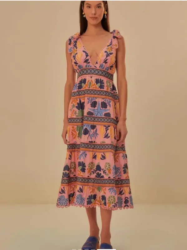 Farm Rio Seashell Tapestry Sleeveless Pink Floral Tie-Shoulder Maxi Dress - Image 2