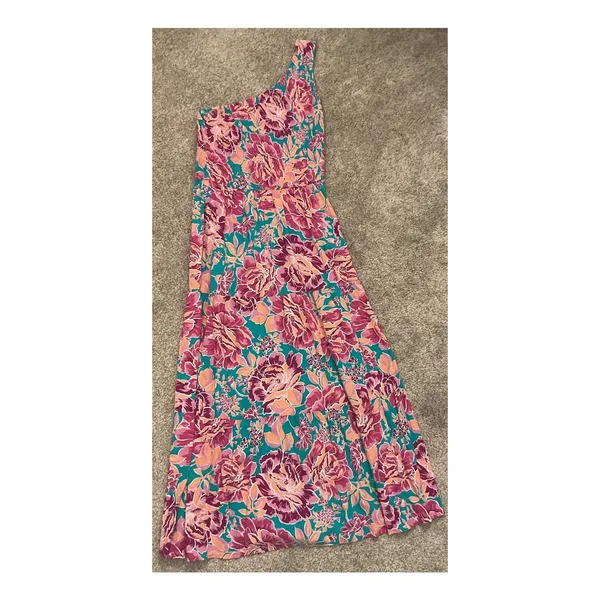 Zcsia One Shoulder Floral Midi Dress Smocked Teal Pink Boho Size Small - Image 2