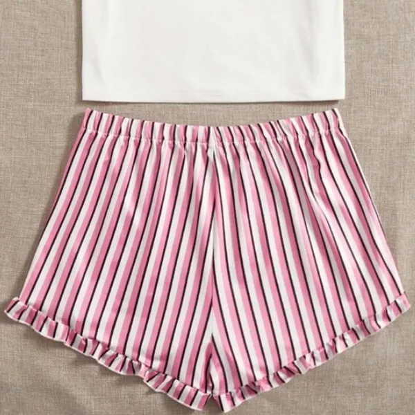 SHEIN Slogan And Stripe Print Pajama Set - Image 2