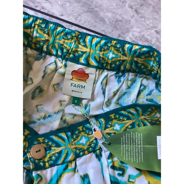 Farm Rio Tropical Tapestry Sand Shorts Teal Yellow Ikat Print Linen Blend S NEW - Image 6