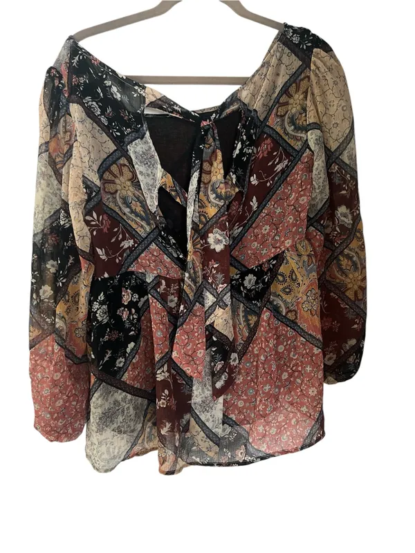 American Eagle Outfitters Patchwork Peasant Top - Black, Brown, Cream, Rust - Image 5
