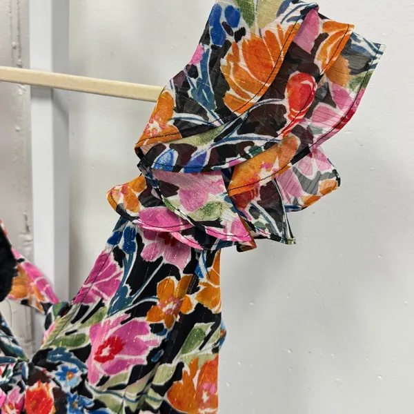 AQUA Floral‎ Metallic Ruffle Mini Dress Open Back Tie Multi Color Large Summer - Image 5