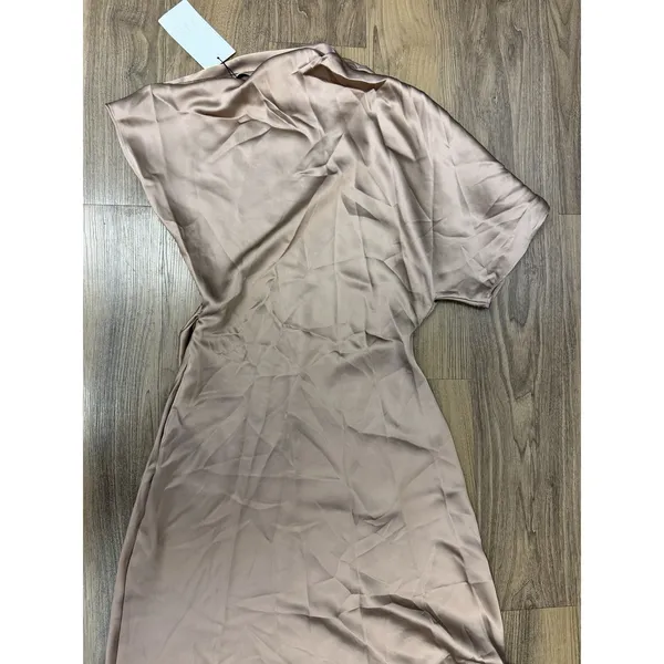 Zara Brown Satin Dress Flow Asymmetrical One Shoulder Formal Wedding Runway - Image 5