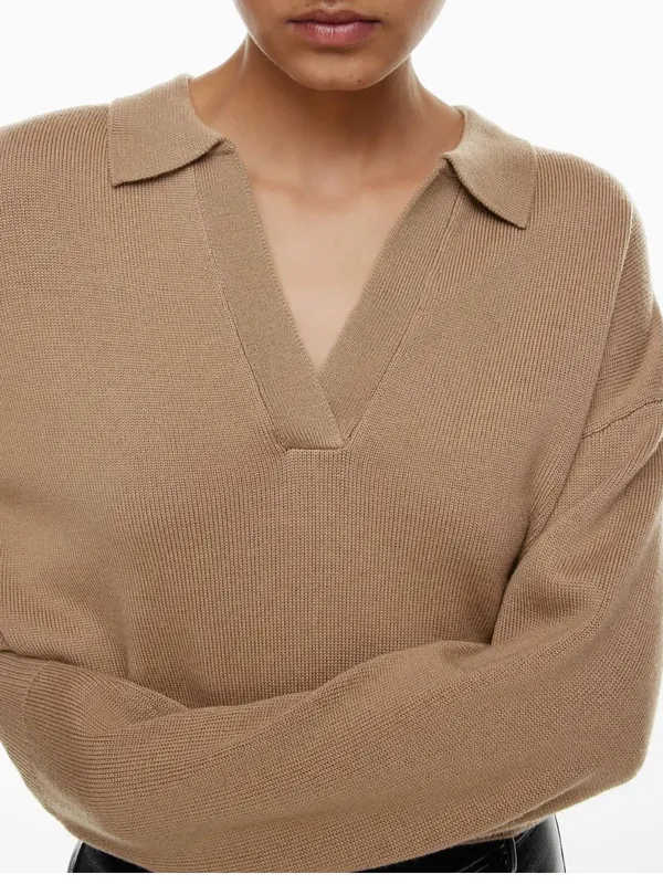 Wilfred Classic V-Neck Polo Sweater in Camel - Image 2