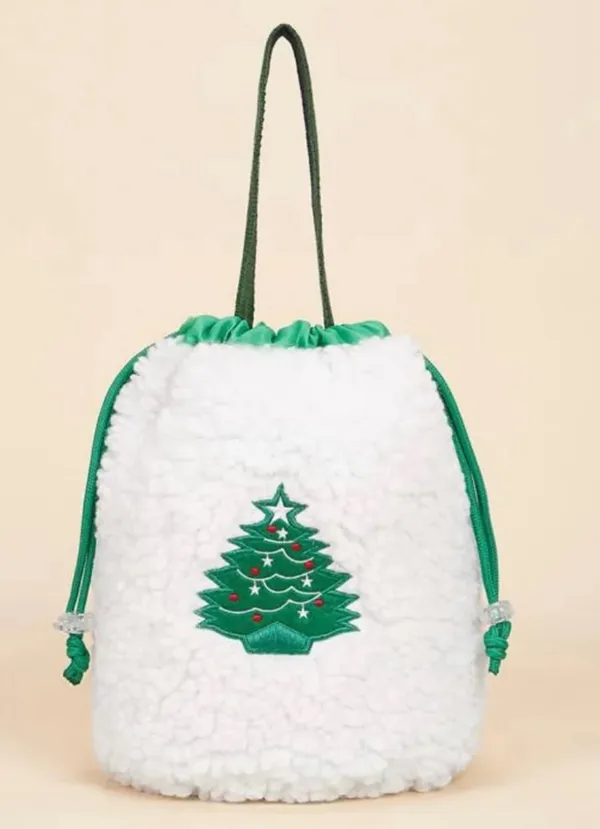 Christmas Tree Sherpa Drawstring Bag White - Image 9