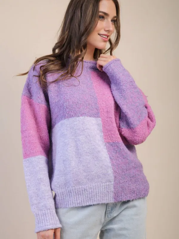 NWT Very J Oversized Color Block Cozy Knit Sweater Purple/Pink Size Large - Image 3