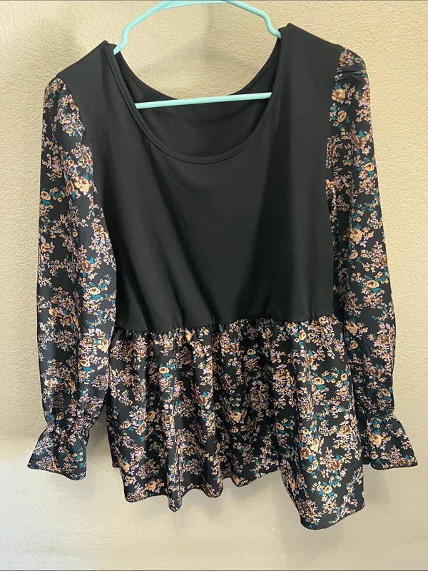 SHEIN Black Floral Peplum Tunic with Pink & Teal Accents - Image 5