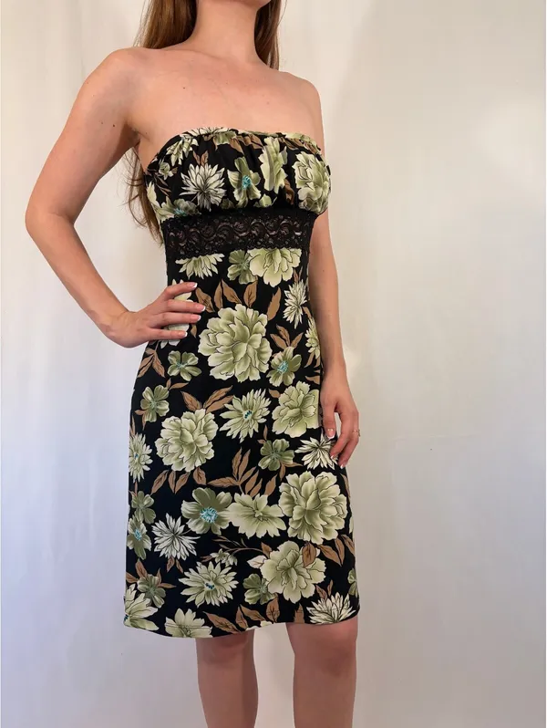 Strapless Green and Brown Floral Lace Y2k Party Dress - Image 6