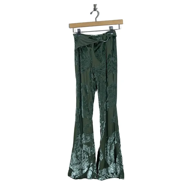 Oh Polly Devore Burnout Velvet Botanical Flare Pants Olive Green Boho Size 2 - Image 3