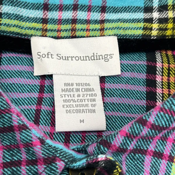 Soft Surroundings‎ Blue Plaid Highlands Flannel Button Shirt Womens Size Medium - Image 3