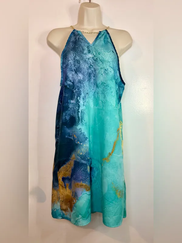 Emery Rose S Teal Blue Gold Chain Halter Dress Watercolor Marble Mini - Image 2