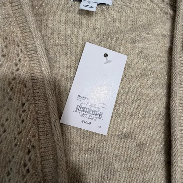 Croft & Barrow Womens XL Beige Metallic Gold Pointelle Open Front Cardigan NWT - Image 3