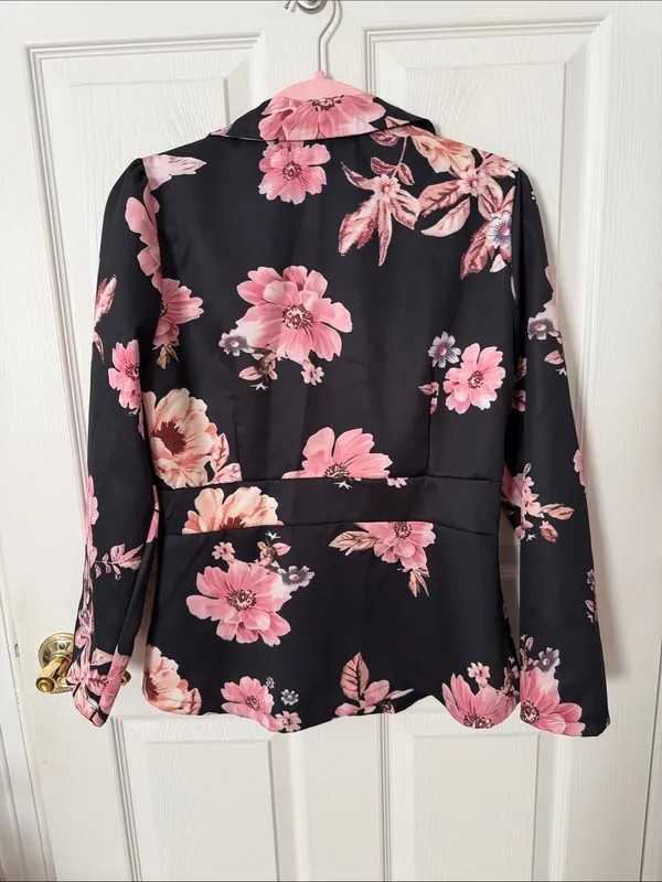 Black Floral Blazer - Pink Floral Print Women's Jacket medium - Image 4