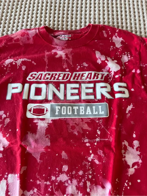 Champion Red Sacred Heart Pioneers Football Bleach-Splatter Tee - Image 4