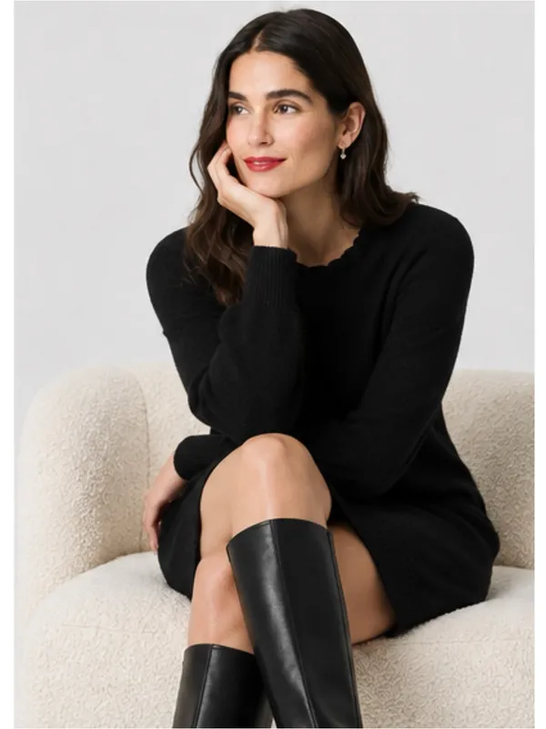 J.Crew Ruffle Neck Sweater Dress Womens Large Soft Knit Long Sleeve CP557 Black - Image 2