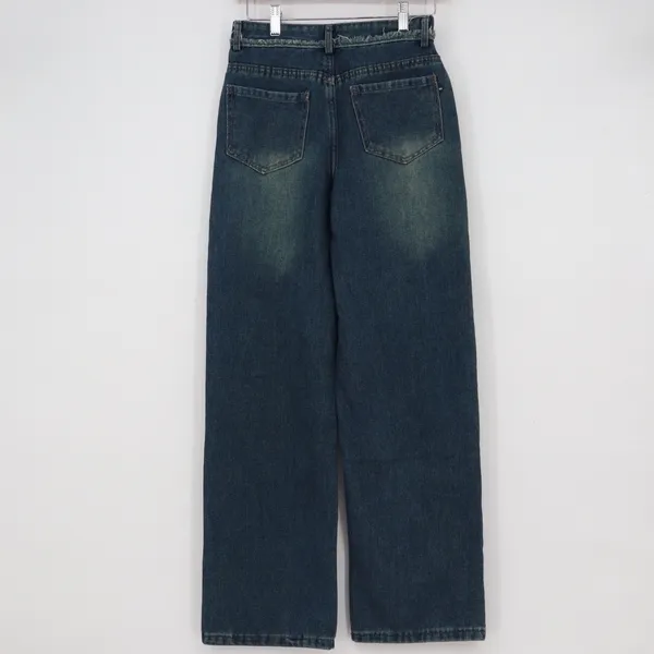 Dark Wash Wide Leg High Waisted Jeans Frayed Waistband Detail Small - Image 3