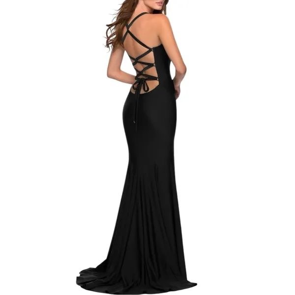 La Femme Lace‎ Up Back Jersey Mermaid Gown Black 8 - Image 2