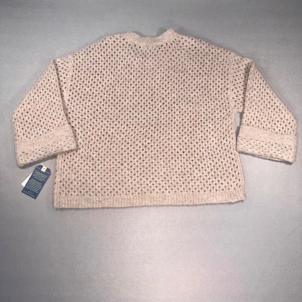 Democracy Womens Large Floral Embroidered Pointelle Knit Sweater Beige - Image 2