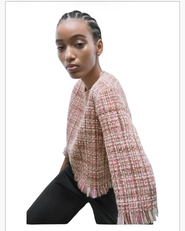 Zara Pink Tweed Top Blouse Zip Back Plaid Fringe Preppy M White Gray Cropped - Image 3
