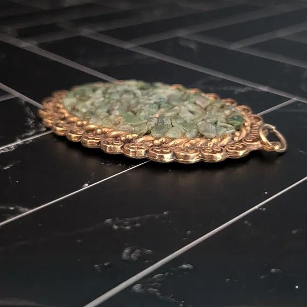 Vintage Pendant Very Large Statement Green & Antique Gold Tone Oval - Image 4