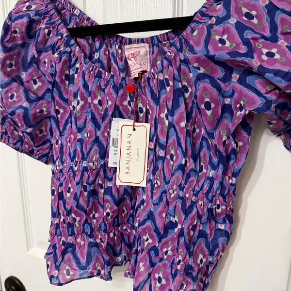 NWT Banjanan‎ Halo Cotton Top Blouse Abstract Print Smocked Puff Sleeve Purple M - Image 4