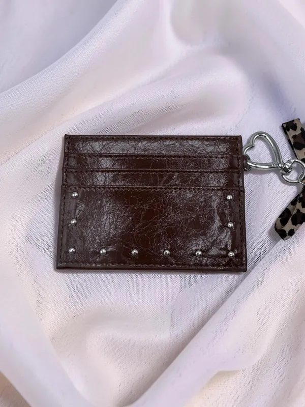 Cute Espresso Brown Card Holder Wallet w/ Keychain Leopard Plush Star Charm - Image 5