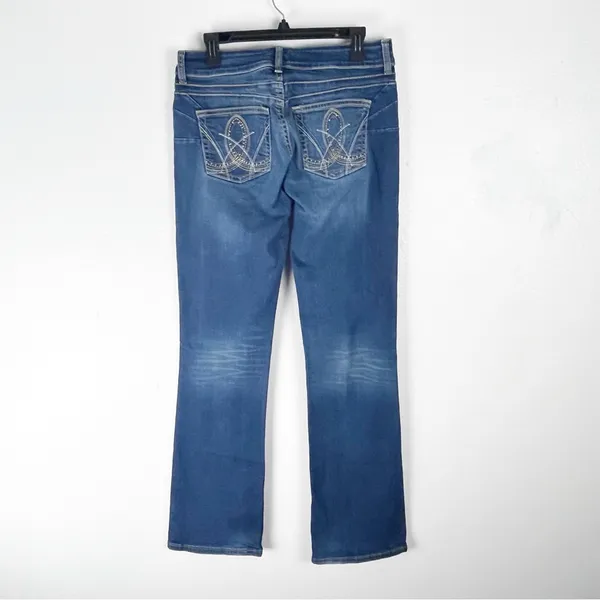 WRANGLER Blue Denim Pockets Distressed Bootcut Jeans 10 Rodeo Cowgirl Festival - Image 2