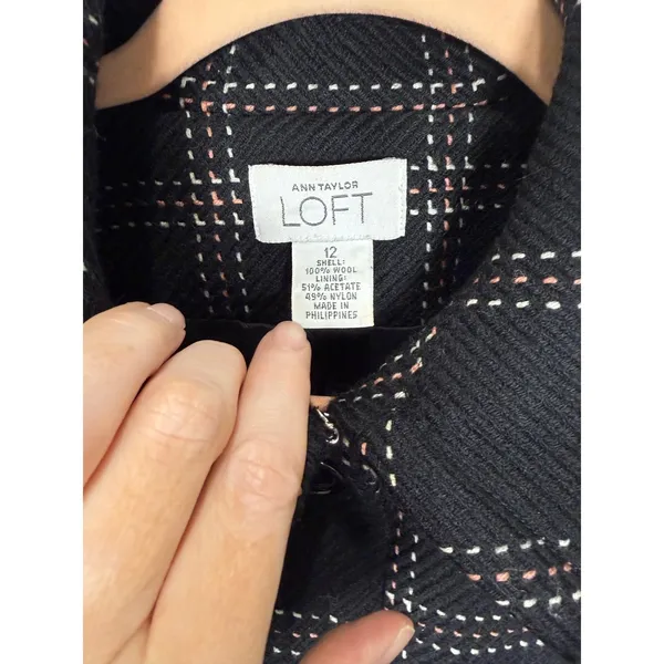 Ann Taylor LOFT Black White Plaid Wool Coat‎ Size 12 Preppy Minimalist - Image 4