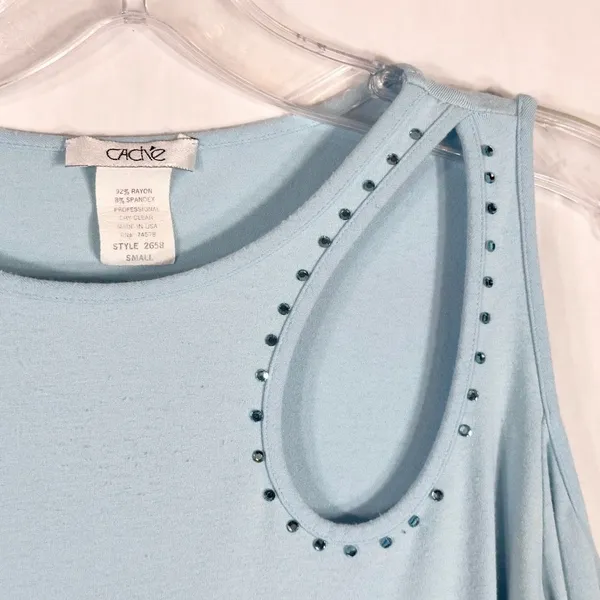 Cache Small Top Knit‎ Light Baby Blue Rhinestones Cut Out Cold Shoulder Y2K 1348 - Image 8