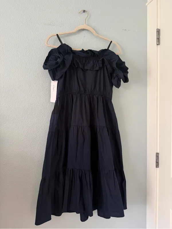 London Times Navy Off-Shoulder Tiered Midi Dress - Image 4