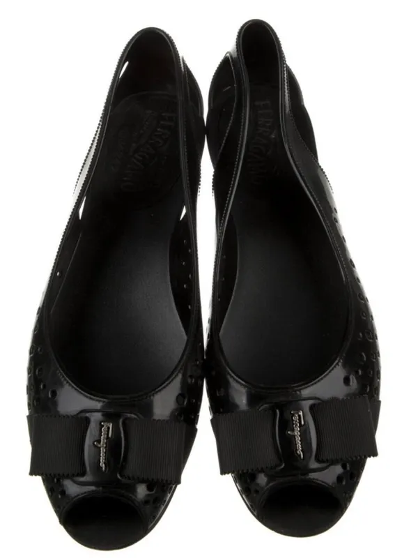 Salvatore Ferragamo Nilly Nara Vara Bow Perforated Peep Toe Jelly Flat Slides - Image 3