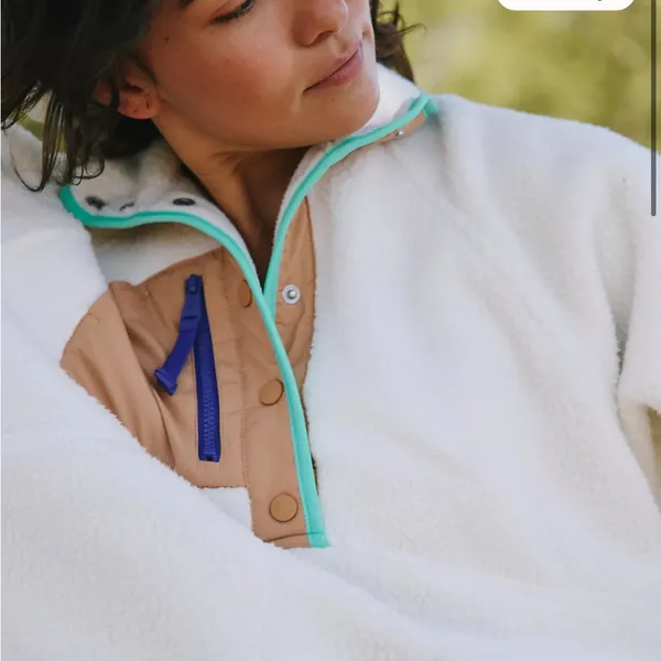 FP Movement by Free People Cream Sherpa Pullover with Tan Trim and Blue Accents - Image 4