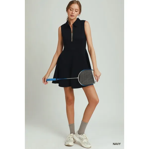 Umgee Collared Quarter Zip Tennis Dress - Navy - Large - Image 4